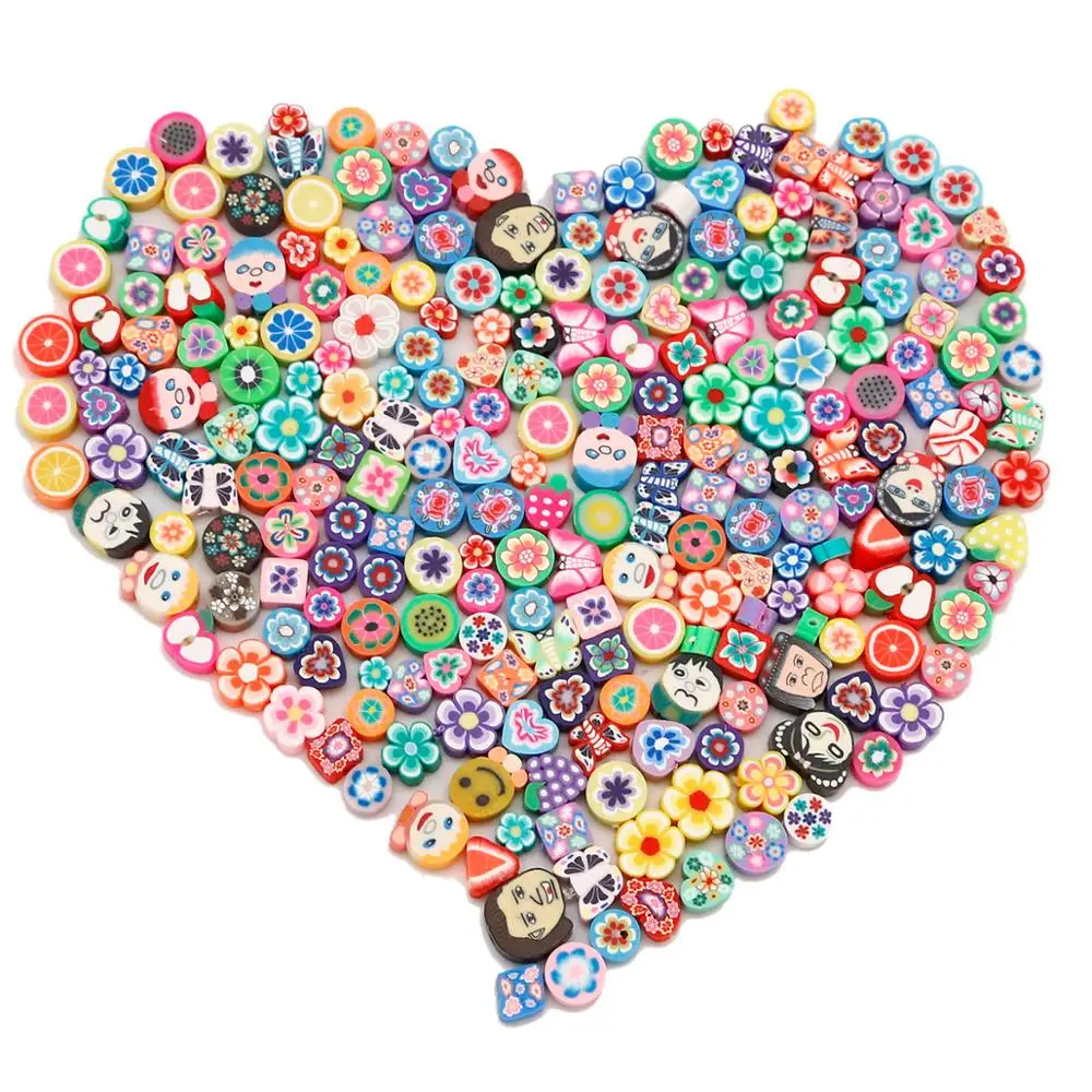 

2019 New Random Mixed 25Pcs Polymer Clay Beads Fruits Flower Heart Shape Spacer Beads DIY Jewelry Finding Accessories, Mixed color