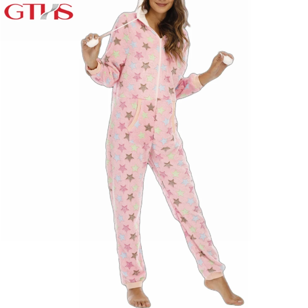 

Minimalism Pink Print Home Fleece Hooded Geometric Polyester Zipper Adult Women Onesies