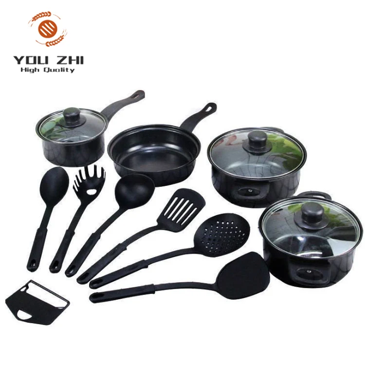 

Amazon Hot Sale 13 Piece Cookware Set Seven Piece Pot Wok Pan Flat Bottomed Small Frying Pan Soup Pot 13 Piece Shovel Set, Black