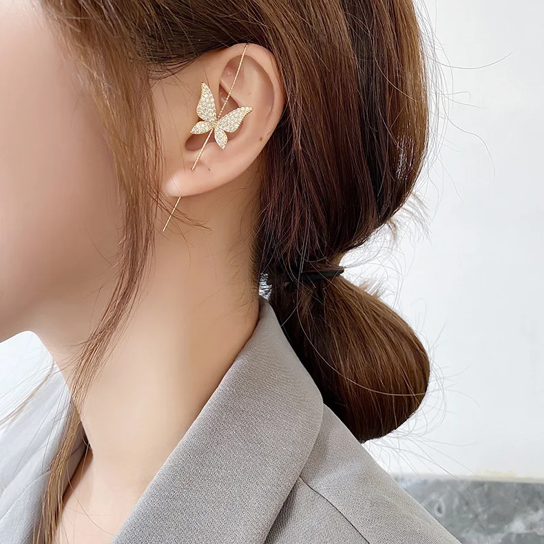 

2021 New Ear Needle Wrap Crawler Hook Earrings for Women Surround Auricle Diagonal Stud Copper Inlaid Zircon Piercing Earrings, Multi-colors