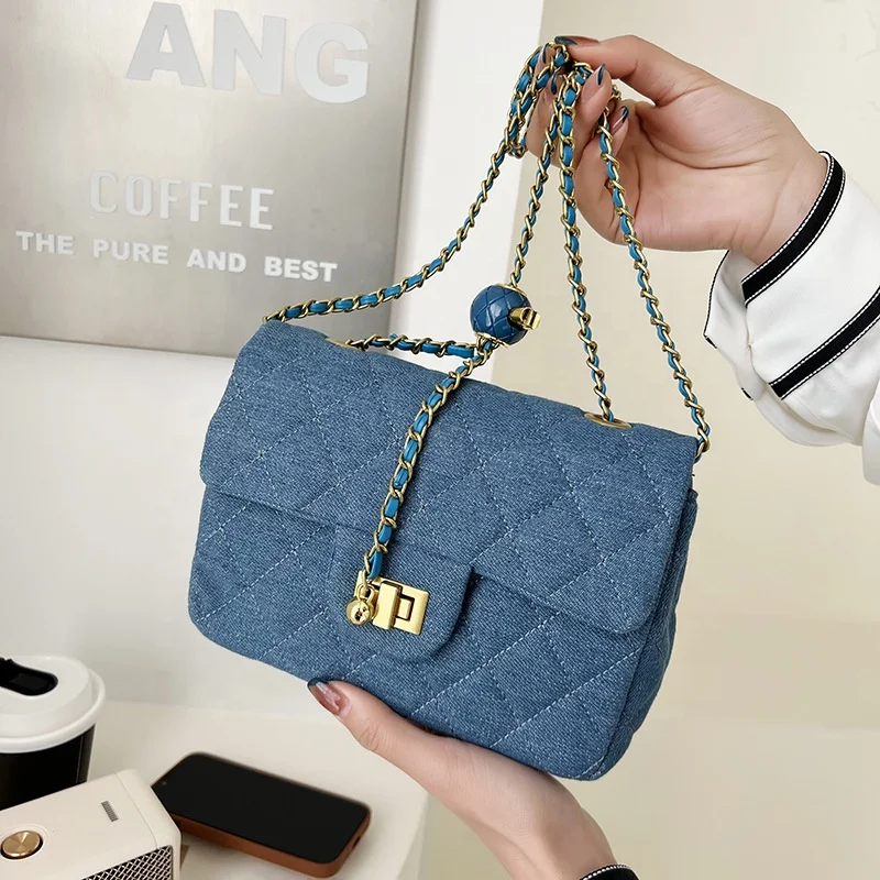 

2021 Popular Quilt Fabric Custom Logo Purse Cross Chain Shoulder Ladies Luxury Small jelly Handbag Woman Denim Duffle Bag