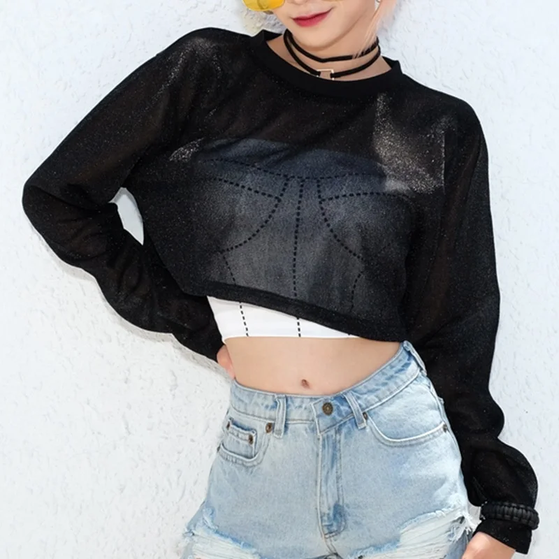 

B24441A Popular women loose solid color mesh hollow out short T-shirt casual top, Black