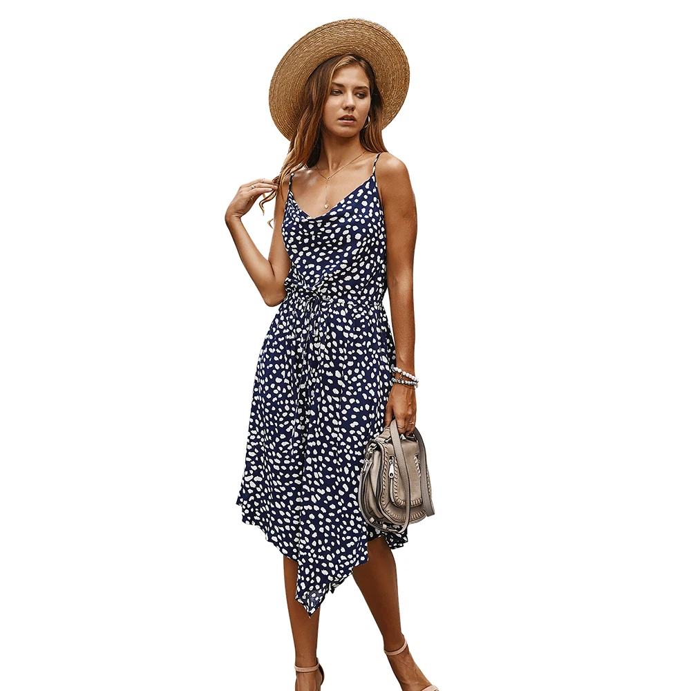 

Women Sleeveless Boho Dot Printing Cotton Sexy Asymmetrical Dress Summer Midi Beach Dress, White,orange,blue or customized colors