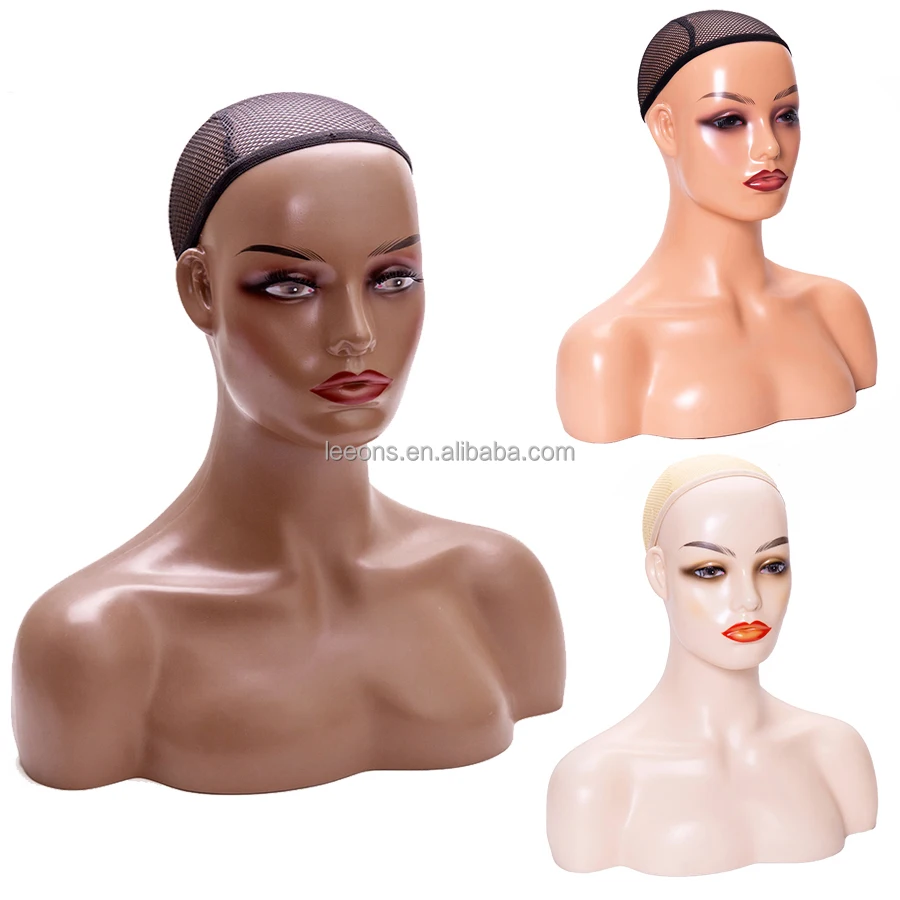 

African American Mannequin Head Jewelry Display Mannequin Heads Plastic Female Mannequin Head With Shoulders Wig Display, Dark brown, beige, white