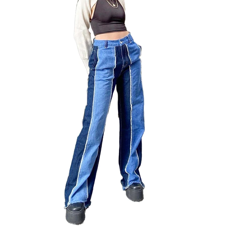 

Spring 2021 new fashion splicing color high waist slim straight casual jeans pants