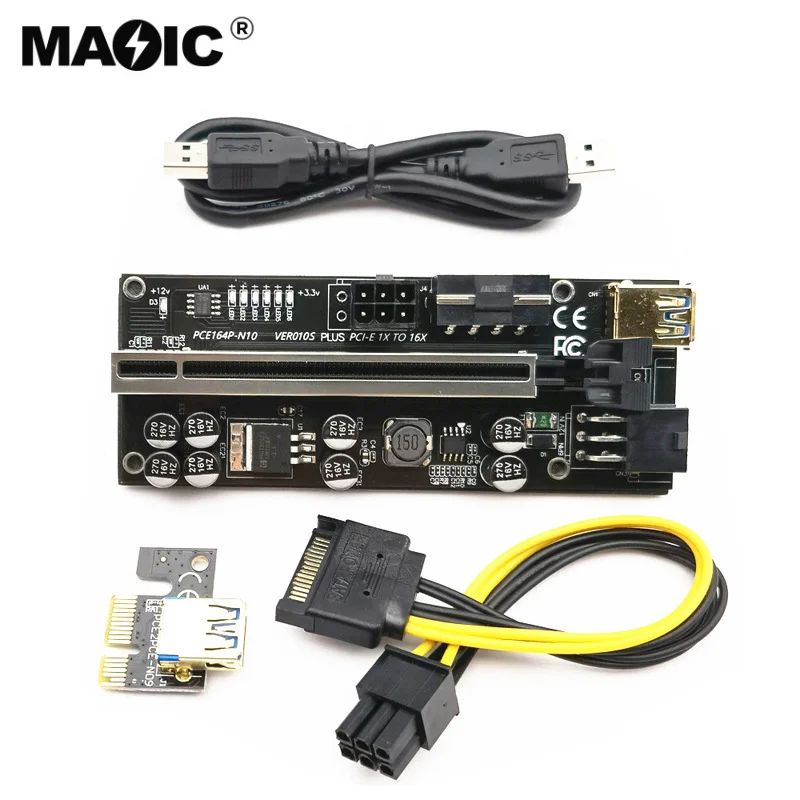 

2022 newest Best quality Riser 010s Plus PCI-E PCIE Riser Card 009C 010XPCI Molex 6Pin SATA a USB 3,0 Cable 1X 16X extensor, Blue