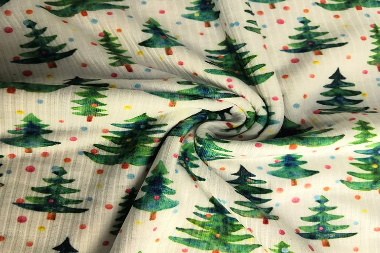 Polyester Ribbed Knit Stretch Fabric Christmas Tree Pattern Custom