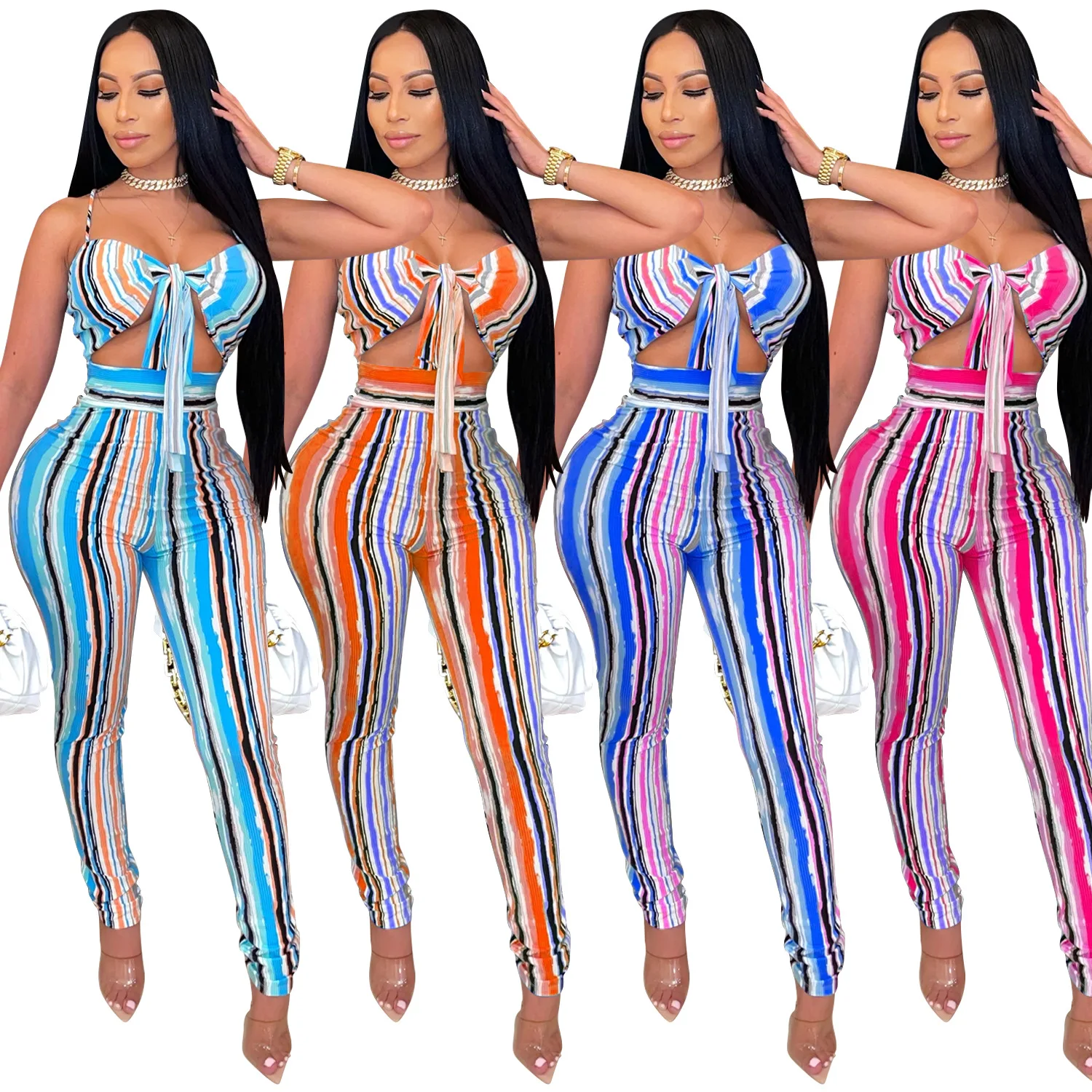 

Women Apparel Striped Tie-Wrap Hollow Out Bodycon Jumpsuit Sleeveless Rompers Sexy Suspended Jumpsuits for Women