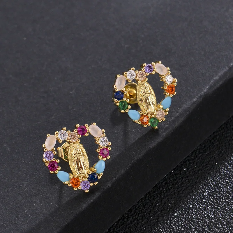 

Religious Jewelry 18k Gold Plated Multi Color CZ Virgin Mary Stud Earrings Crystal Rhinestone Heart Shape Earrings For Christian