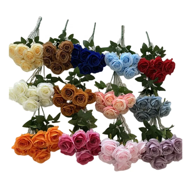 

Factory direct 7 heads silk roses bushes artificial flowers rose bouquet for bulk sale