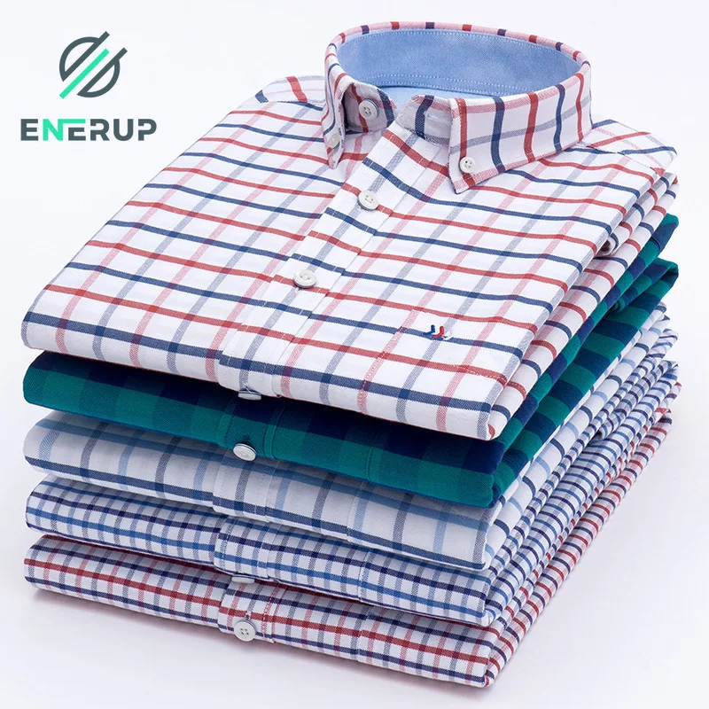

Enerup Wholesale Custom Spring Autumn Casual 100% Cotton Oxford Men's Long Sleeve Plaid Shirt