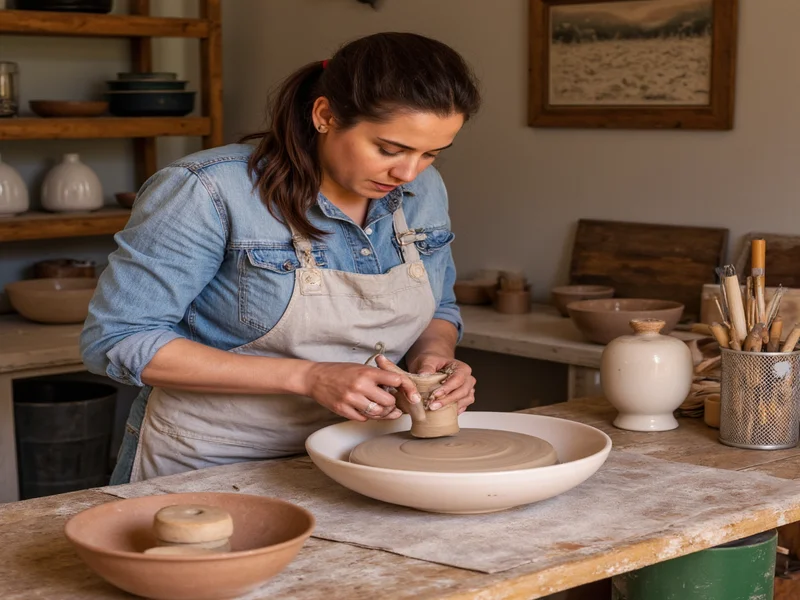 Artisan shaping pottery on Gulf Coast studio