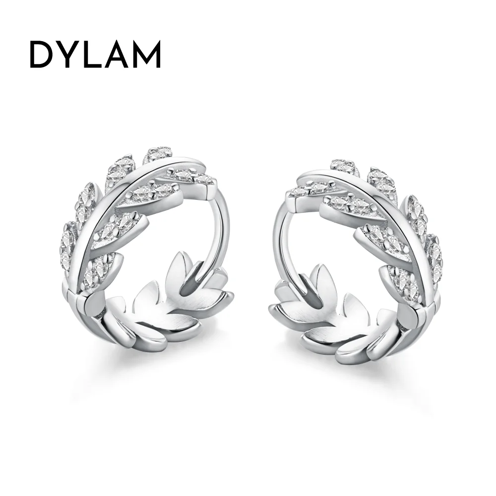 

Dylam Crystal Leaf Small Hoop Earrings Sterling Silver Dainty CZ Cartilage Tiny Wedding Huggie Round Hoops Jewelry for Women