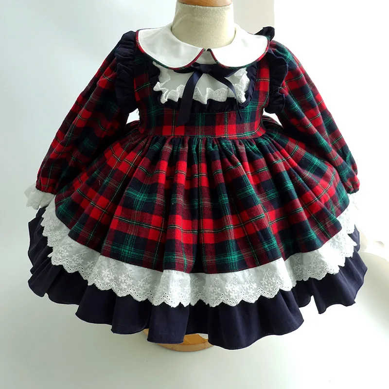 

C9065136 wholesale spanish baby clothes girls dresses red plaid christmas vintage lace long sleeve kids clothes, Vintage kids clothing