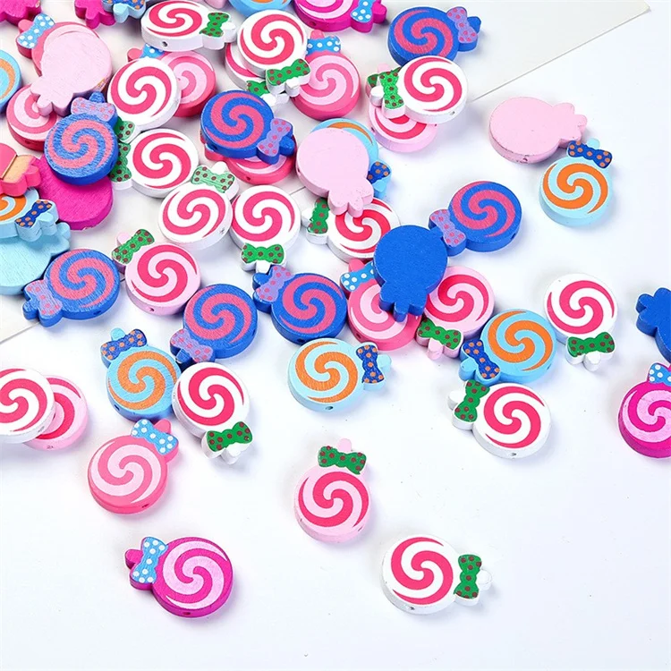 

50Pcs Colorful Lollipop Candy Shape Wooden Beads Wood Chip Children's Beaded Environmentally Jewelry Kids Toys Accessories, Mixed color