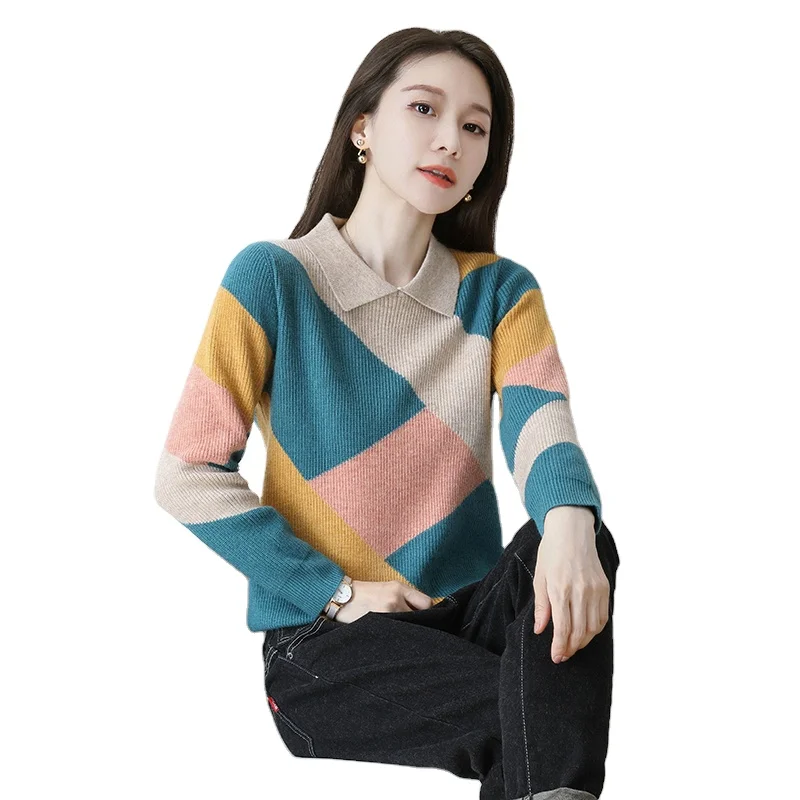 

Cashmere sweater women 2021 winter new lapel sweater casual knitting large size prismatic color block stitching loose ladies top, Many colors are available