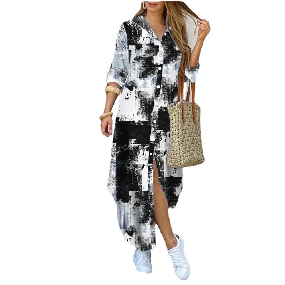 

Fashion Women Long Sleeve Shirt Dress Autumn Printed Long Dresses Turn-down Collar Loose Sundress Party Dresses