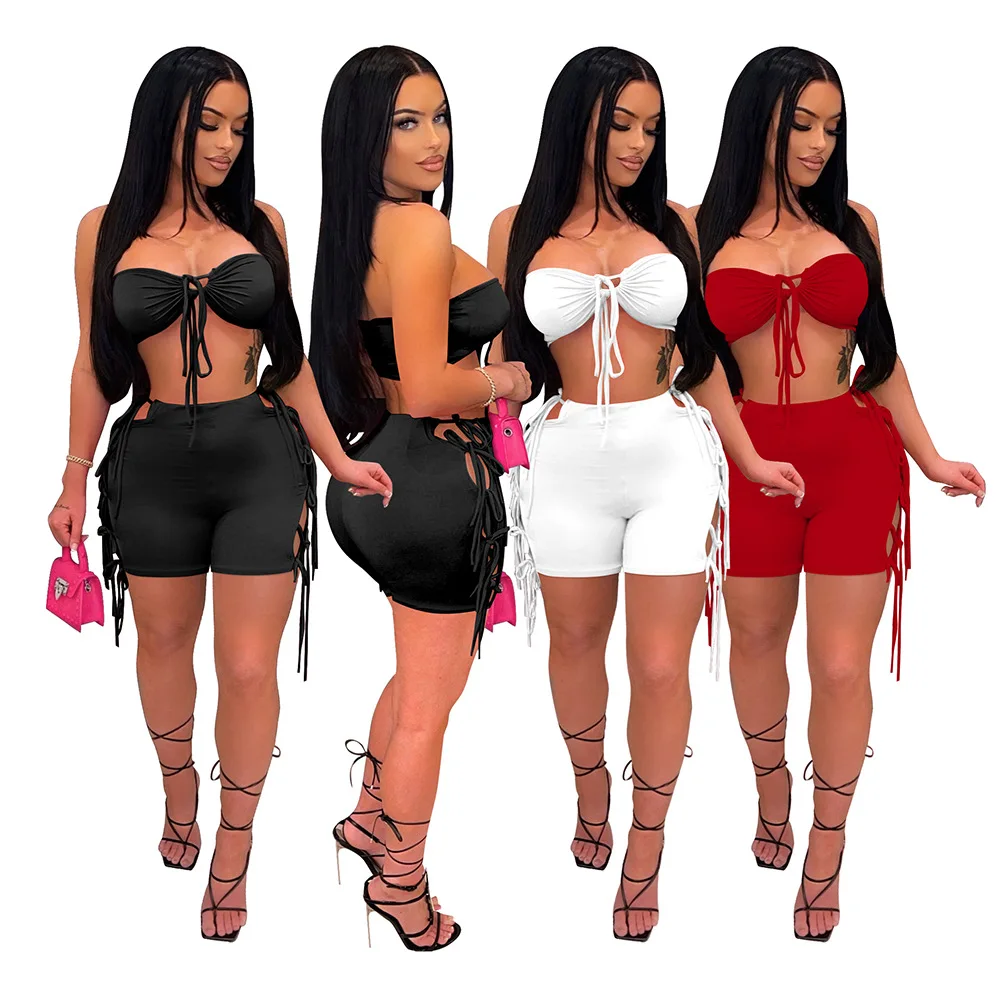 

Women's New Summer Tracksuit Solid Color Wrap Tied Hollow Short Two-Piece Set, Customized color