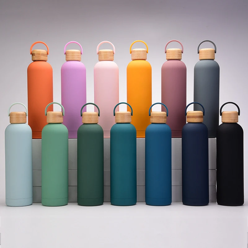 

304 Double Stainless Steel Insulated Flask Cup 1000ml Vacuum Cup Wooden Lid Rubber Coated Water Bottle With Wood Lid