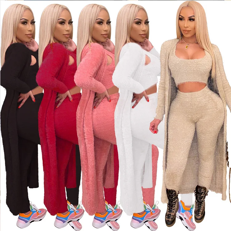 

2021 Casual Solid Color Fuzzy Ladies Three Piece Pant Sets Women Outfit Top And Pants With Long Coat 3 Pieces Pants Set Clothing, Customized color