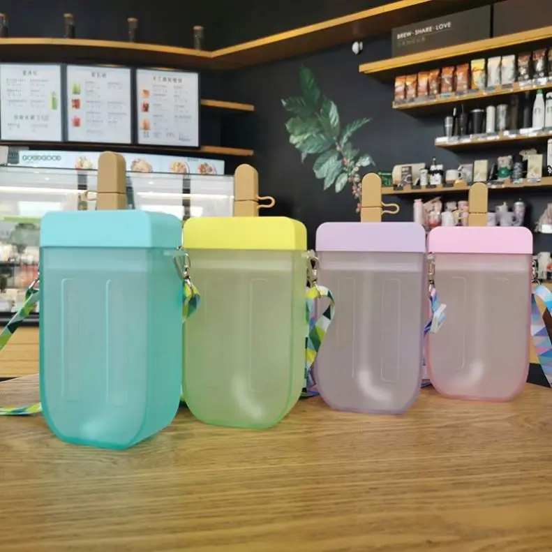 

kawaii cute popsicles plastic flat ice cream water cups waterbottle bag drinking bottle crossbody with straw strap for drinks