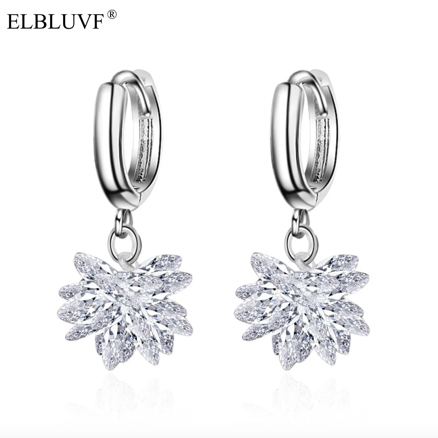 

ELBLUVF Free Shipping Women 925 Sterling Silver Plated Alloy Copper Korean Ice Flower Dangle Huggie Earrings, White gold