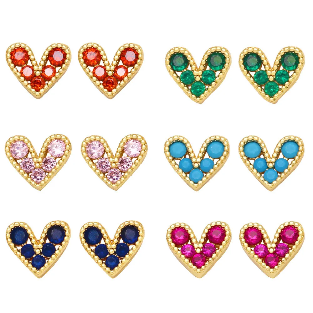 

2023 Mini Colorful Black Green Pink Red Blue Turquoise Zircon Earring Small Tiny Heart Stud Earrings for women