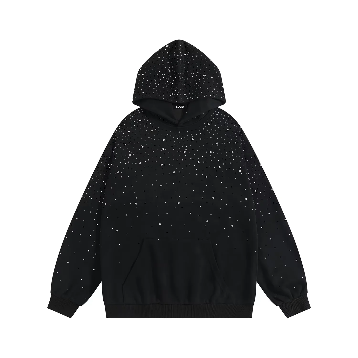 Rhinestone Starry Hoodie Men Oversized Drop Shoulder Heavyweight Cotton Hooded Sweatshirt Custom Streetwear Casual Pullover Top