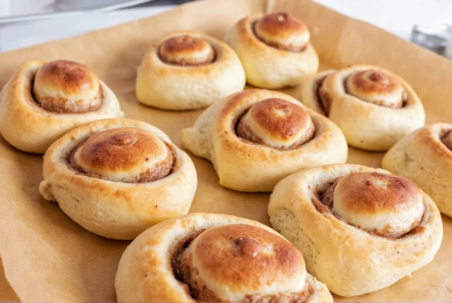Hands rolling cinnamon sugar filled dough into log before cutting into cinnamon rolls