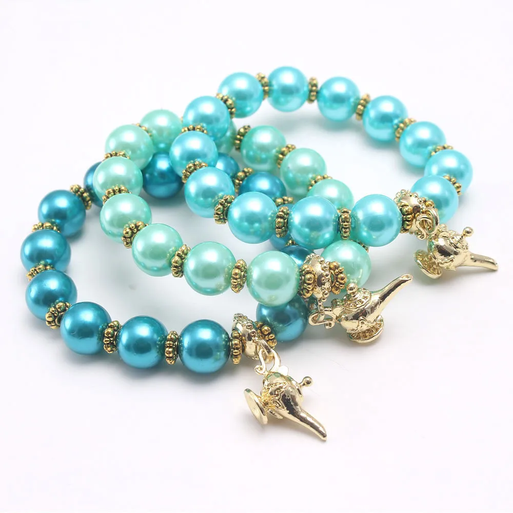 

Fashion New Design Princess Jasmine Pearl Beaded Bracelet With Gold Aladdin Lamp Charms Bracelets, Multi color