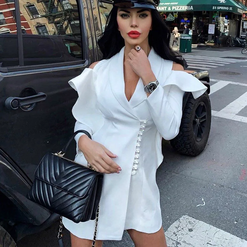 

V-neck blazer loose flared sleeves patchwork flounce women dress