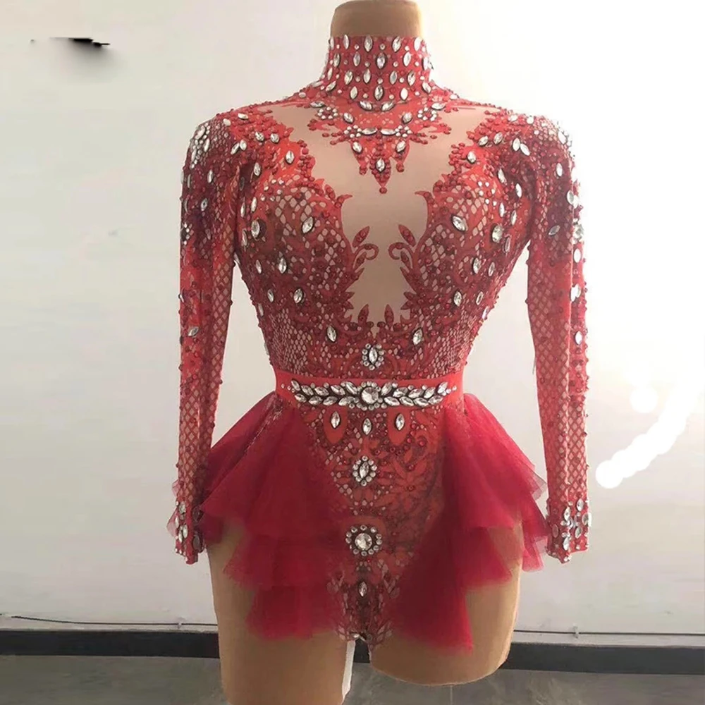 

Sparkly Rhinestones Pink Lace Bodysuit Women Long Sleeve Birthday Party Outfit Dance Costume Sexy Show Performance Stage Wear