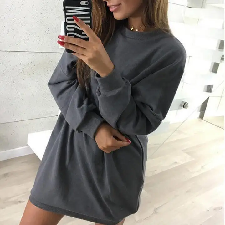 

2019 High Quality Women Solid Color Plus Size Long Sleeve Short Dress, 9pcs different colors