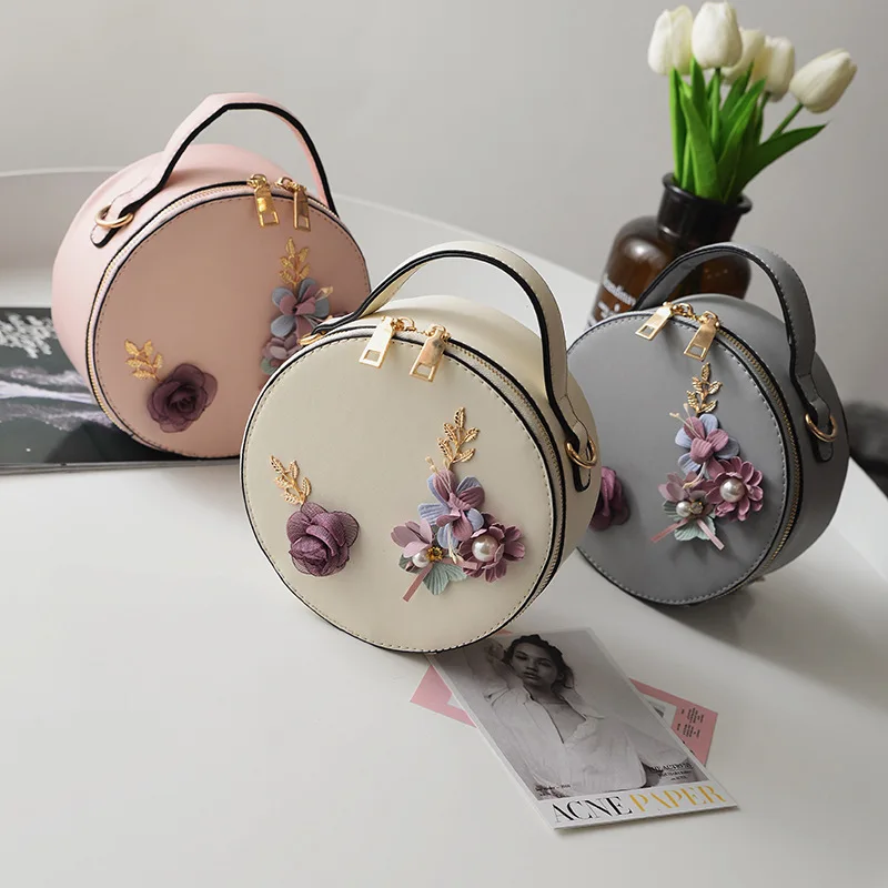 

Kawaii Oem Bolsa Impresa Flower Design Tweed Round Leather Handbag For Ladies