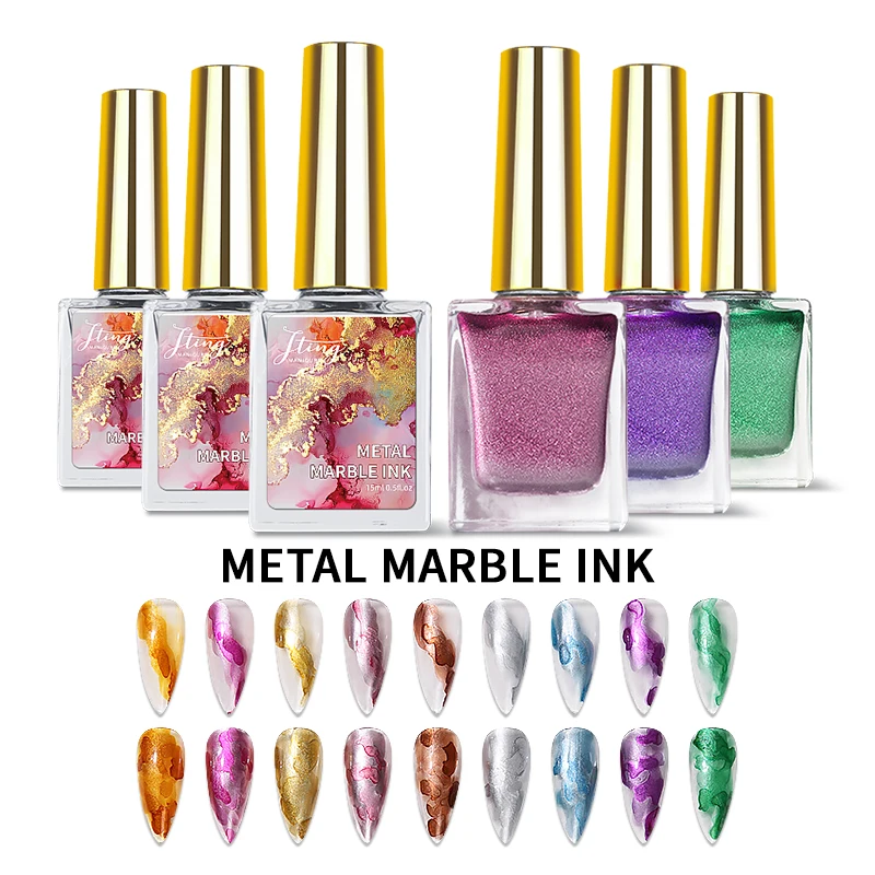 

OEM private label available 15ml Water blooming Metal blossom Marble Liquid nail polish bottle uv gel set
