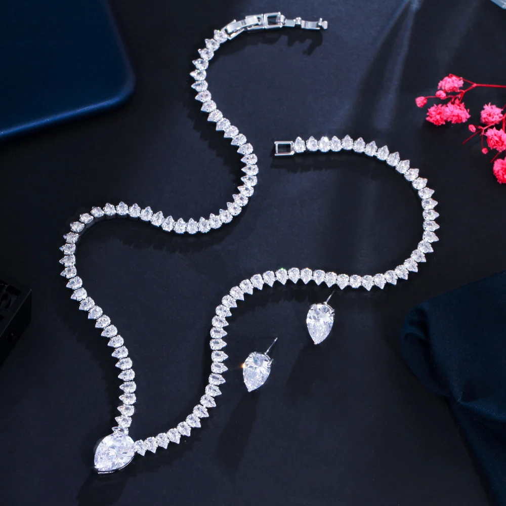 Shiny White Cubic Zirconia Evening Party Dress Jewelry Set for Women Trendy Bridal Wedding Collection Accessories
