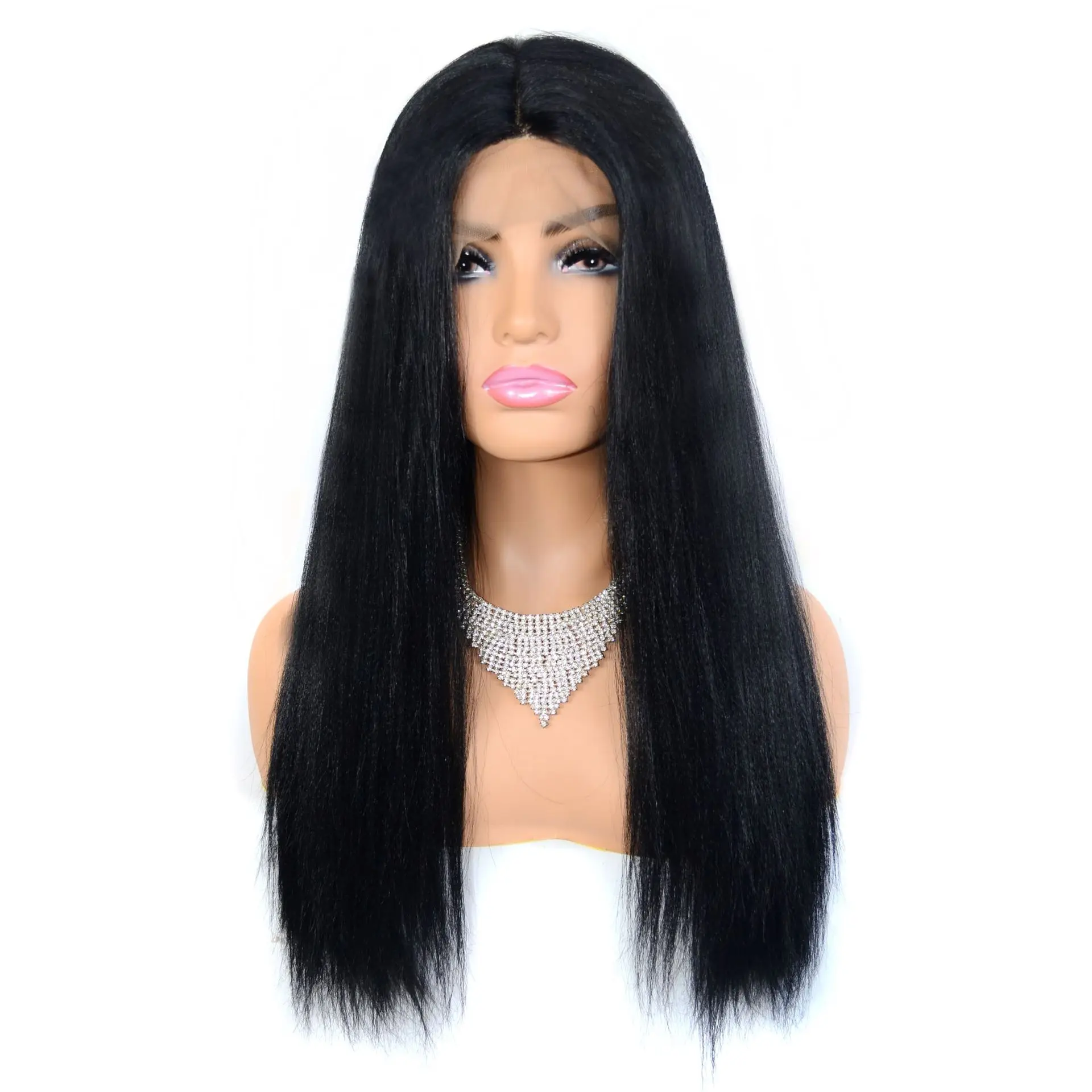 

YAKI Silk T Front Lace Chemical Fiber Wig Cover Slightly Fluffy Middle Black Wigs