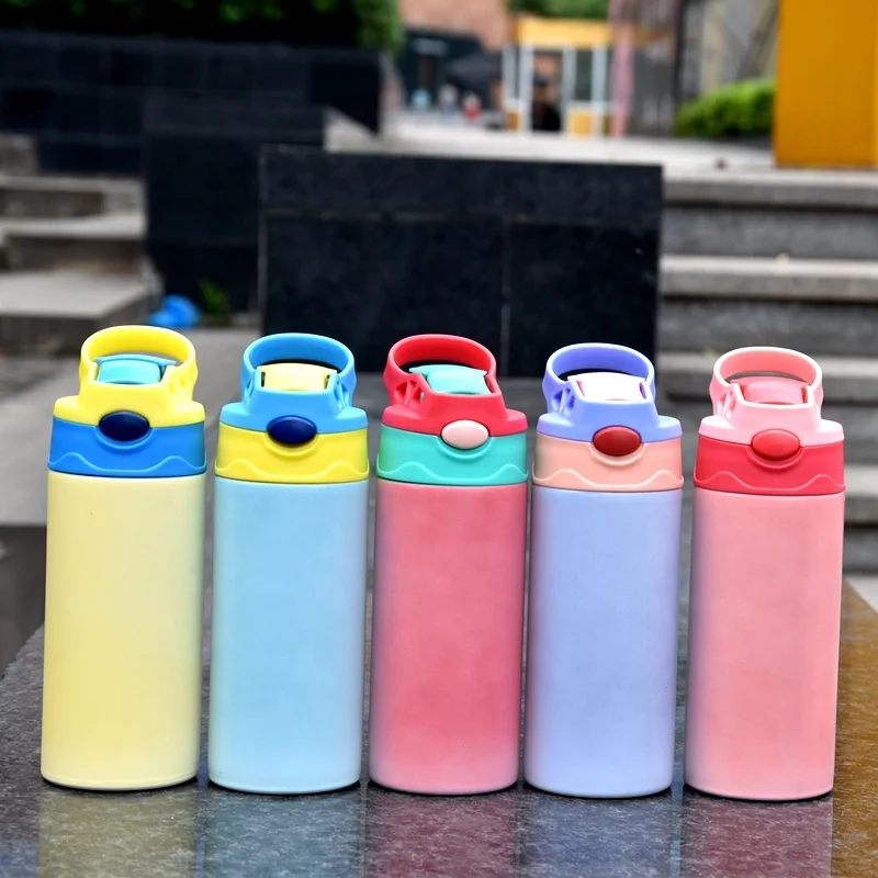 

350ml kids stainless steel straight color changing uv sublimation blanks stainless steel water bottle with flip lid, 5 color available