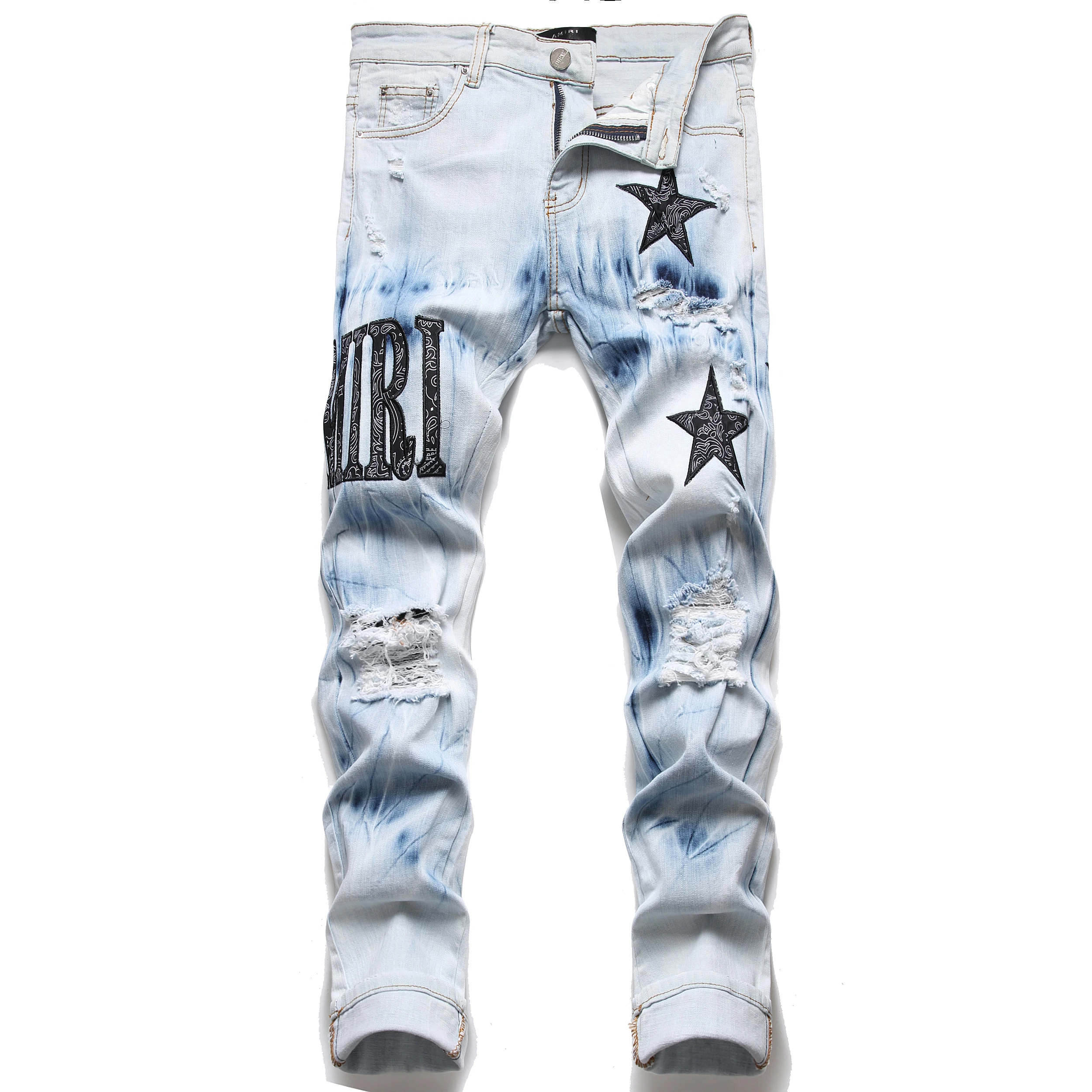 

Fashion Streetwear Men Jeans Blue Color Paint Printed Jeans Men Designer Hip Hop Pants Slim Fit Elastic Punk Style Pencil Pants, Customized color