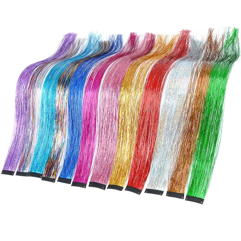 

19.7 inches Shiny Party Highlights Glitter Super Bright Synthetic Tinsel Hair Extensions Clip in Hair Tinsel, 16 colors as picture