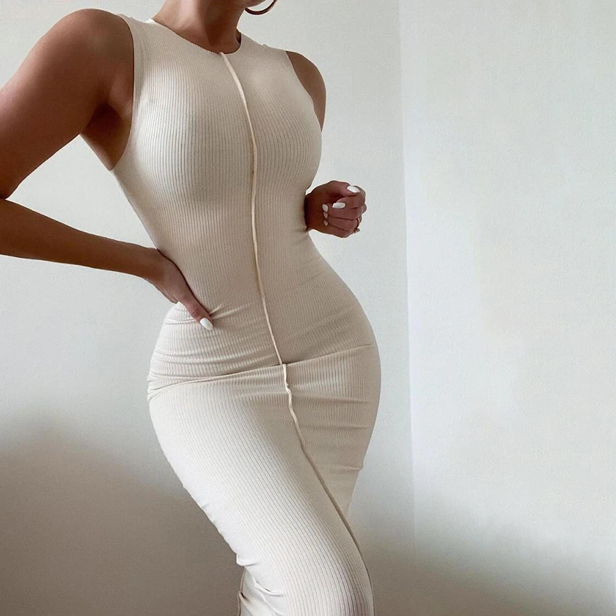 

Nibber K21D02166 Summer Elegant pure knitting Crew neck Sleeveless bodycon long dresss women simple stretch Slim dress mujer