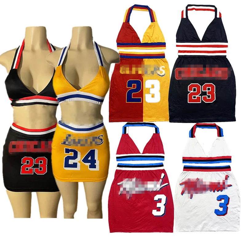 

Custom Sport Wear Girls Jersey Skirt Set Cavs 23 Laker Chicago Miami Halter Basketball Jersey Two Piece Skirt Set for Women