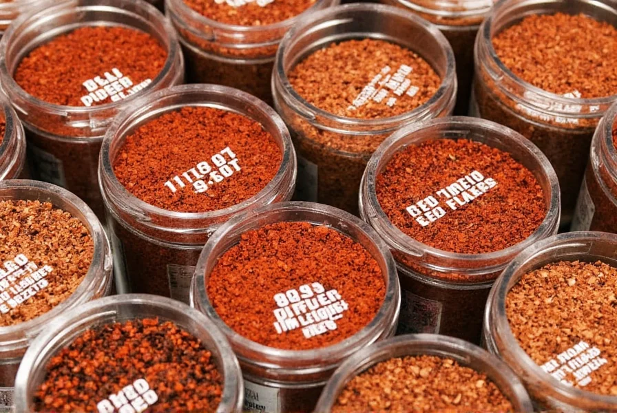 Various spice containers labeled as red pepper flakes, chili flakes, and crushed red pepper showing identical contents