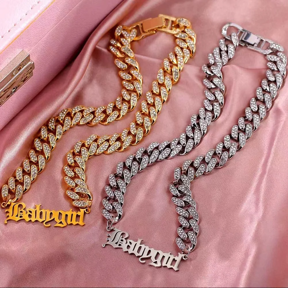 

Hiphop Diamond Ice Out 18k Gold Plated Cuban Chain Initial Name Letter Babygirl Necklace, Picture