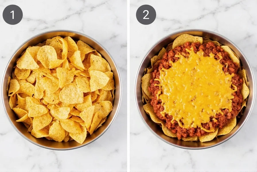 Step-by-step assembly of chili nachos showing proper layering technique with cheese melting over warm chips