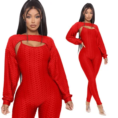 

2021 new arrivals red color fall sexy bodycon jumpsuit match short coat set 2 piece women outfit
