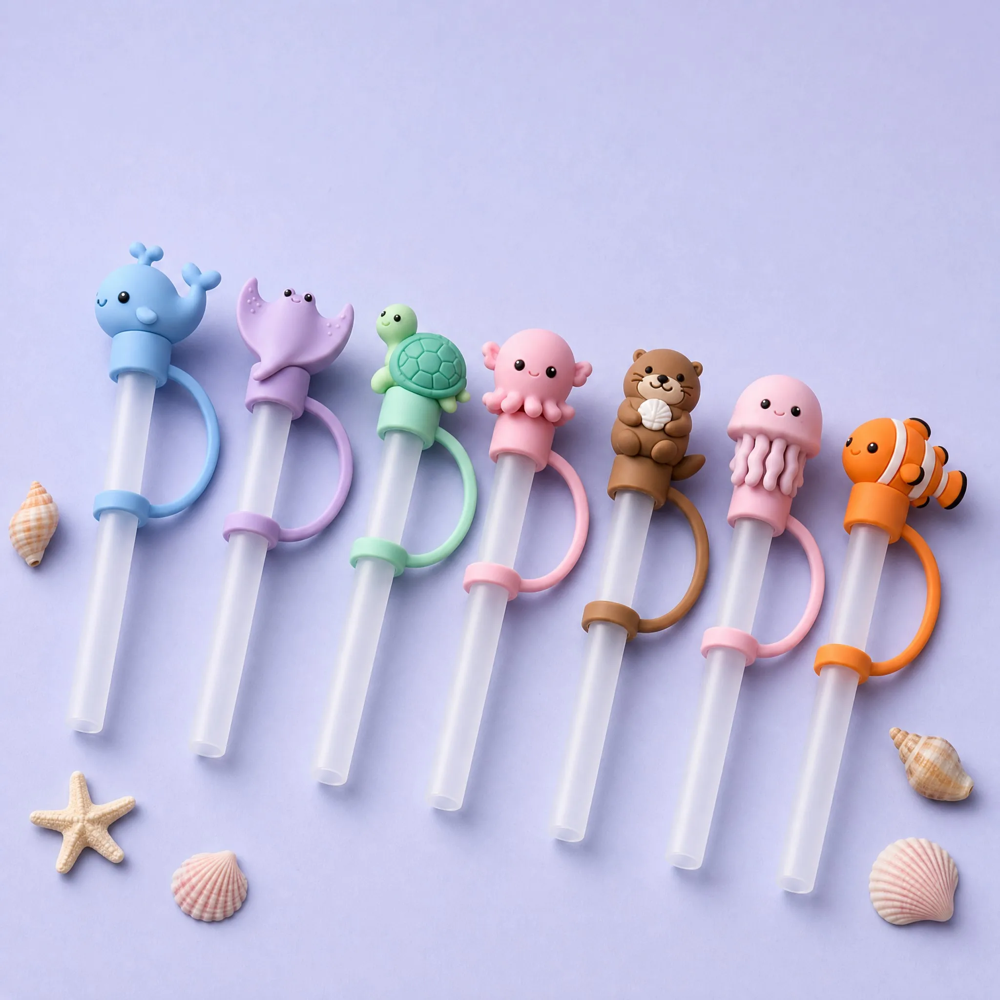 Cute Ocean Animal Silicone Straw Toppers 7 Styles Lineup for Stanley 10mm Straws