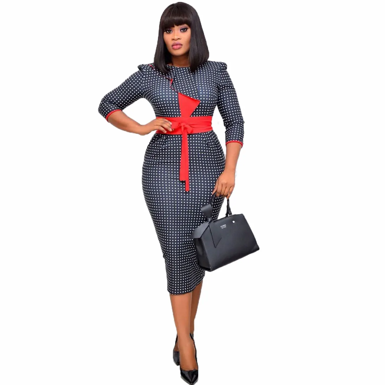 

20930-MX78 dot printed office pencil dresses women with belt sehe fashion