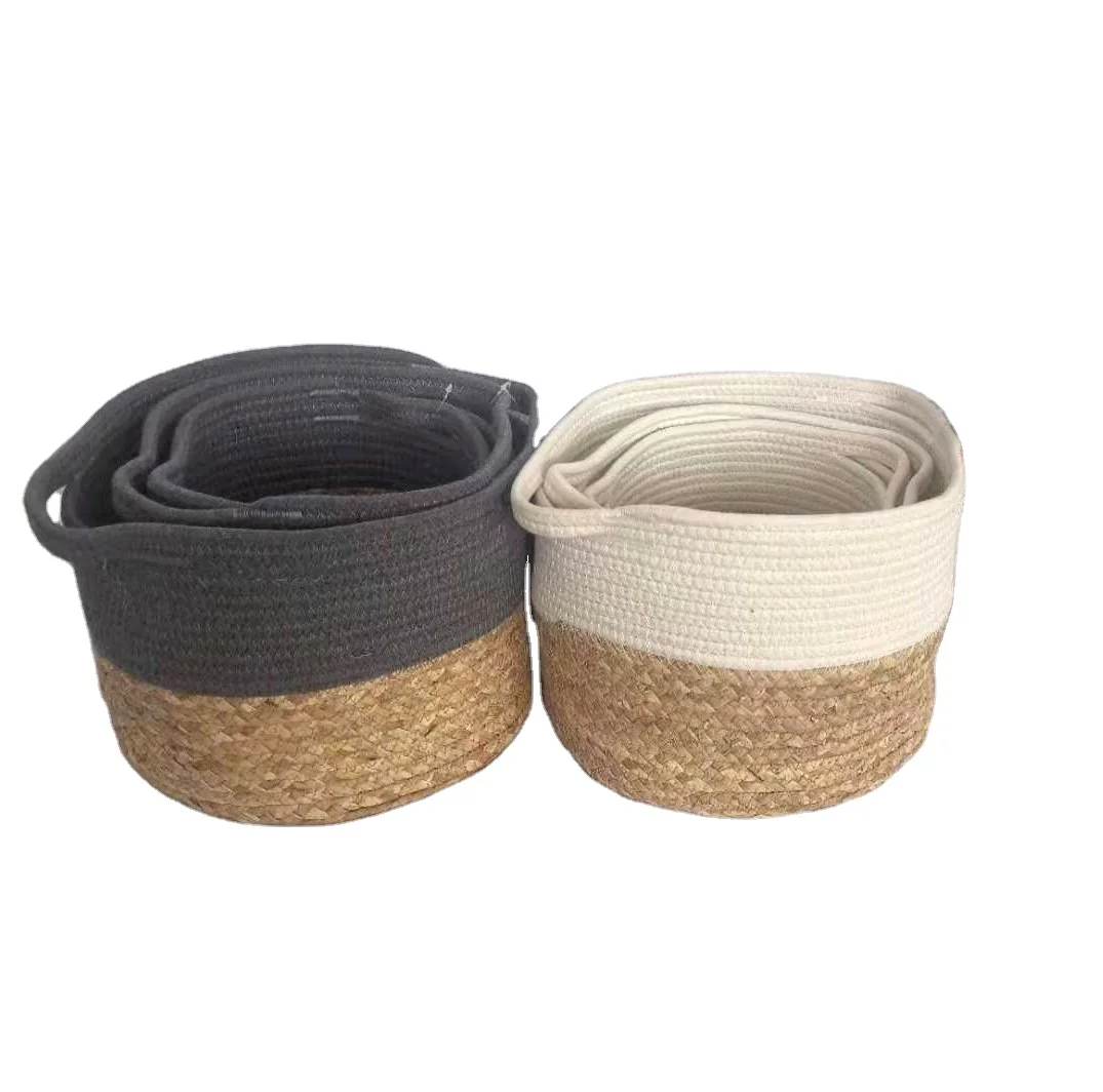 

2022 water hyacinth grass woven amazon storage sundries plant laundry cotton rope basket with handles, Customized color