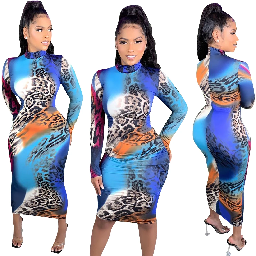 

L36750 Fashionable Women Night Dress Casual Printed Stand Collar Mid Dress